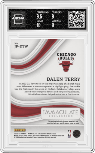 Dalen Terry from the 2022-23 Panini Immaculate Collection set featuring a Jersey Number parallel graded by Arena Club and given an overall grade of 9.5.