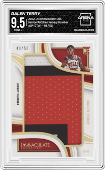 Dalen Terry from the 2022-23 Panini Immaculate Collection set featuring a Jersey Number parallel graded by Arena Club and given an overall grade of 9.5.