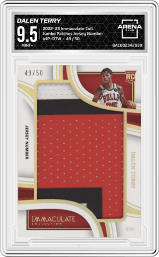 Dalen Terry from the 2022-23 Panini Immaculate Collection set featuring a Jersey Number parallel graded by Arena Club and given an overall grade of 9.5.