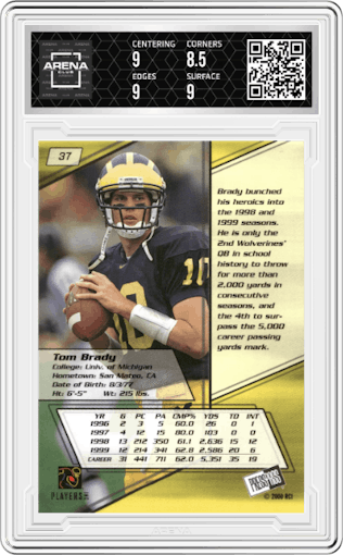 Tom Brady from the 2000 Press Pass set graded by Arena Club and given an overall grade of 9.