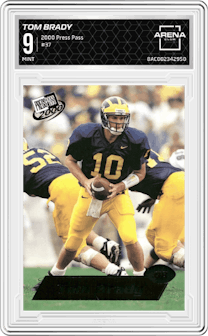Tom Brady from the 2000 Press Pass set graded by Arena Club and given an overall grade of 9.