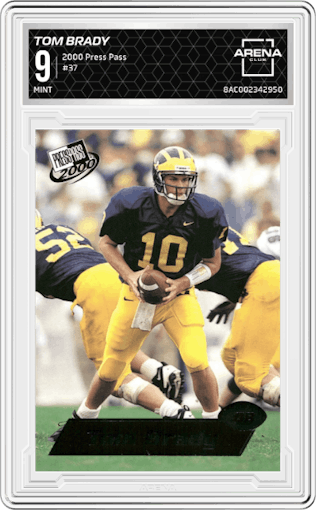 Tom Brady from the 2000 Press Pass set graded by Arena Club and given an overall grade of 9.