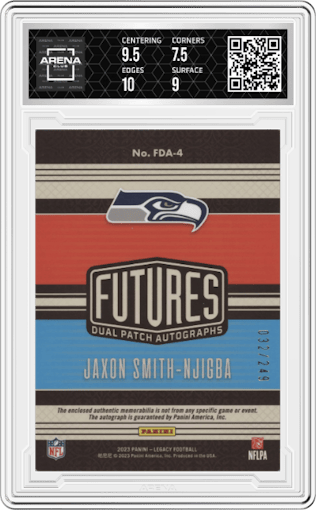 Jaxon Smith-Njigba from the 2023 Panini Legacy set graded by Arena Club and given an overall grade of 8.