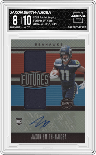 Jaxon Smith-Njigba from the 2023 Panini Legacy set graded by Arena Club and given an overall grade of 8.