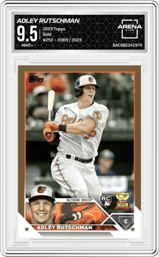 Adley Rutschman from the 2023 Topps Series 1 set featuring a Gold parallel graded by Arena Club and given an overall grade of 9.5.