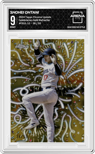 Shohei Ohtani from the 2024 Topps Chrome Update set featuring a Gold Refractor parallel graded by Arena Club and given an overall grade of 9.