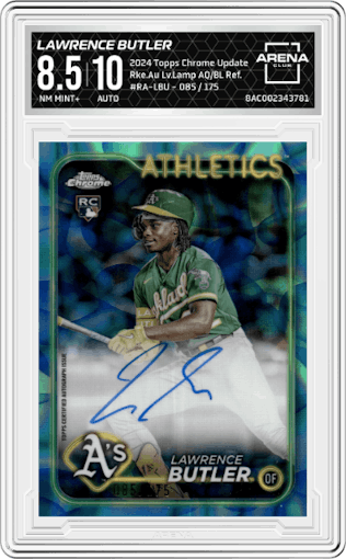 Lawrence Butler from the 2024 Topps Chrome Update set featuring a Lava Lamp Aqua / Blue Refractors parallel graded by Arena Club and given an overall grade of 8.5.