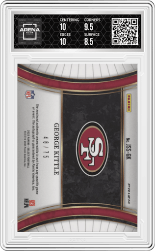 George Kittle from the 2023 Panini Select set featuring a White Prizm parallel graded by Arena Club and given an overall grade of 9.