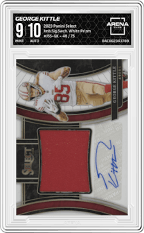 George Kittle from the 2023 Panini Select set featuring a White Prizm parallel graded by Arena Club and given an overall grade of 9.
