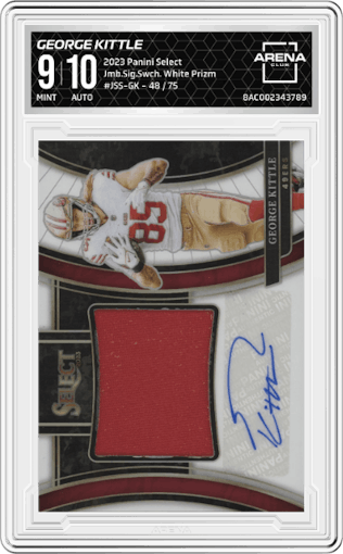 George Kittle from the 2023 Panini Select set featuring a White Prizm parallel graded by Arena Club and given an overall grade of 9.
