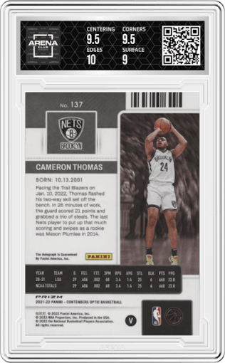 Cameron Thomas from the 2021-22 Panini Contenders Optic set graded by Arena Club and given an overall grade of 9.5.