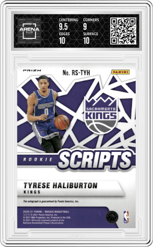 Tyrese Haliburton from the 2020-21 Panini Mosaic set featuring a Red Wave parallel graded by Arena Club and given an overall grade of 9.5.