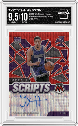 Tyrese Haliburton from the 2020-21 Panini Mosaic set featuring a Red Wave parallel graded by Arena Club and given an overall grade of 9.5.