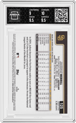 Jackson Merrill from the 2025 Topps set graded by Arena Club and given an overall grade of 9.5.