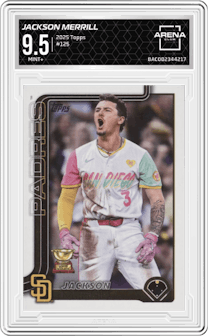 Jackson Merrill from the 2025 Topps set graded by Arena Club and given an overall grade of 9.5.