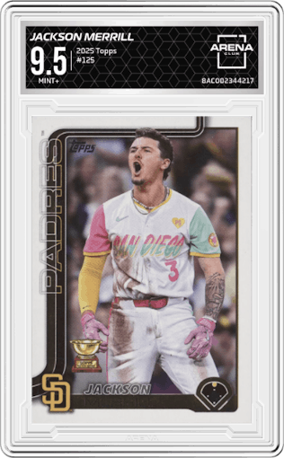 Jackson Merrill from the 2025 Topps set graded by Arena Club and given an overall grade of 9.5.