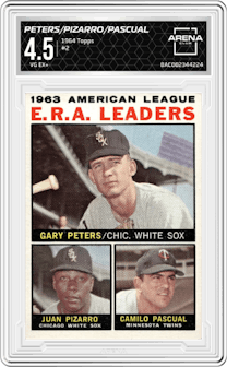 Gary Peters/Juan Pizarro/Camilo Pascual from the 1964 Topps set graded by Arena Club and given an overall grade of 4.5.