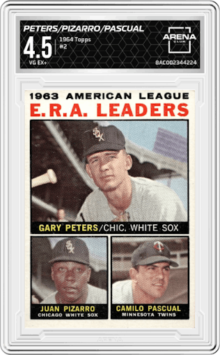 Gary Peters/Juan Pizarro/Camilo Pascual from the 1964 Topps set graded by Arena Club and given an overall grade of 4.5.