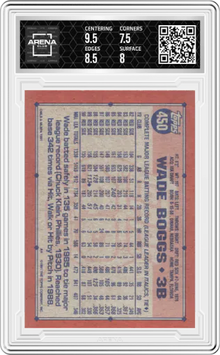 Wade Boggs from the 1991 Topps set graded by Arena Club and given an overall grade of 8.