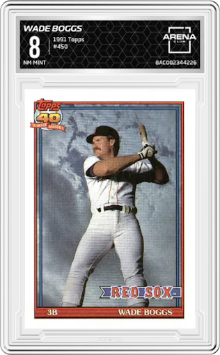 Wade Boggs from the 1991 Topps set graded by Arena Club and given an overall grade of 8.