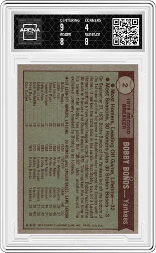 Bobby Bonds from the 1976 Topps set graded by Arena Club and given an overall grade of 4.5.