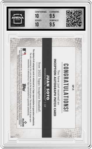 Juan Soto from the 2022 Topps Inception set featuring a Orange parallel graded by Arena Club and given an overall grade of 10.