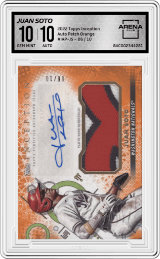 Juan Soto from the 2022 Topps Inception set featuring a Orange parallel graded by Arena Club and given an overall grade of 10.