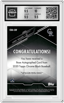 Larry Walker from the 2020 Topps Chrome Black set graded by Arena Club and given an overall grade of 10.