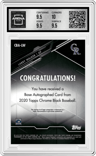Larry Walker from the 2020 Topps Chrome Black set graded by Arena Club and given an overall grade of 10.