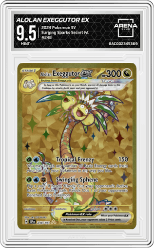 Alolan Exeggutor ex from the 2024 Pokemon SV set graded by Arena Club and given an overall grade of 9.5.