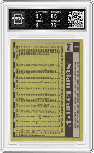 Nolan Ryan from the 1990 Topps set graded by Arena Club and given an overall grade of 8.