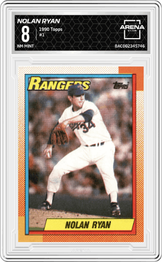Nolan Ryan from the 1990 Topps set graded by Arena Club and given an overall grade of 8.