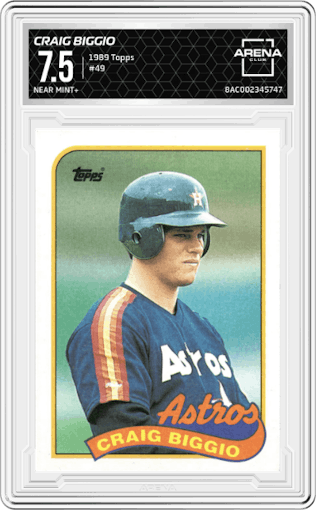 Craig Biggio from the 1989 Topps set graded by Arena Club and given an overall grade of 7.5.