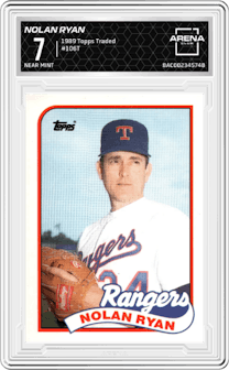 Nolan Ryan from the 1989 Topps Traded set graded by Arena Club and given an overall grade of 7.