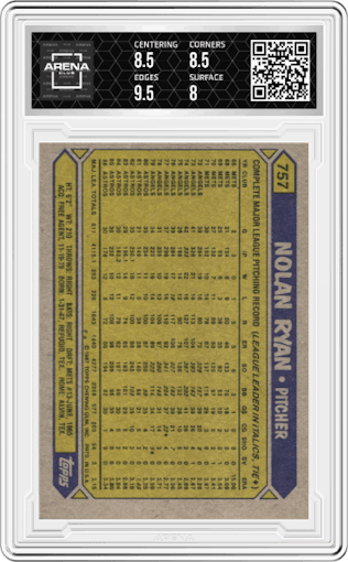 Nolan Ryan from the 1987 Topps set graded by Arena Club and given an overall grade of 8.5.