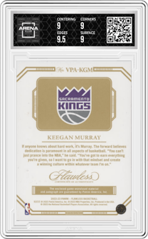 Keegan Murray from the 2022-23 Panini Flawless set featuring a Ruby parallel graded by Arena Club and given an overall grade of 9.