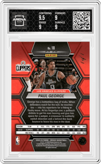 Paul George from the 2022-23 Panini Mosaic set featuring a Black Mosaic parallel graded by Arena Club and given an overall grade of 9.