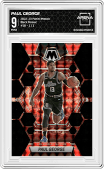 Paul George from the 2022-23 Panini Mosaic set featuring a Black Mosaic parallel graded by Arena Club and given an overall grade of 9.
