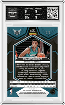 Brandon Miller from the 2023-24 Panini Mosaic set featuring a Green Swirl parallel graded by Arena Club and given an overall grade of 9.