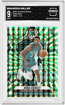 Brandon Miller from the 2023-24 Panini Mosaic set featuring a Green Swirl parallel graded by Arena Club and given an overall grade of 9.