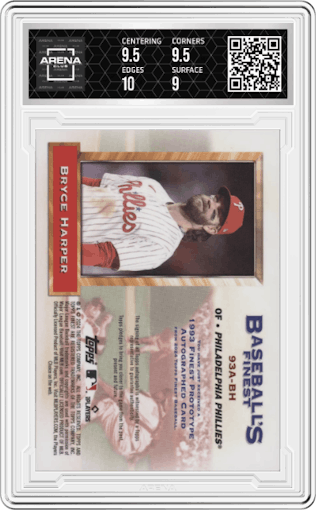 Bryce Harper  from the 2024 Topps Finest set featuring a Red Refractor parallel graded by Arena Club and given an overall grade of 9.5.