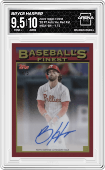 Bryce Harper  from the 2024 Topps Finest set featuring a Red Refractor parallel graded by Arena Club and given an overall grade of 9.5.
