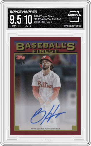 Bryce Harper  from the 2024 Topps Finest set featuring a Red Refractor parallel graded by Arena Club and given an overall grade of 9.5.