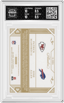 Patrick Mahomes II/Josh Allen from the 2021 Panini Flawless set featuring a Ruby parallel graded by Arena Club and given an overall grade of 9.