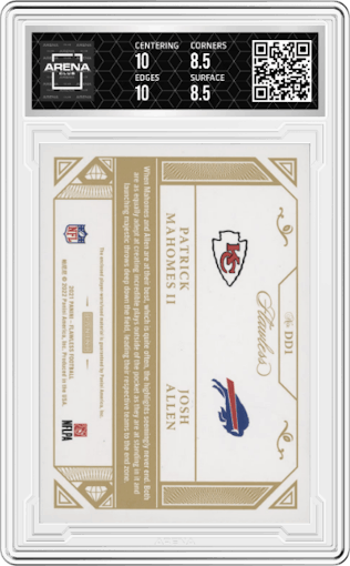Patrick Mahomes II/Josh Allen from the 2021 Panini Flawless set featuring a Ruby parallel graded by Arena Club and given an overall grade of 9.