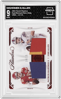 Patrick Mahomes II/Josh Allen from the 2021 Panini Flawless set featuring a Ruby parallel graded by Arena Club and given an overall grade of 9.