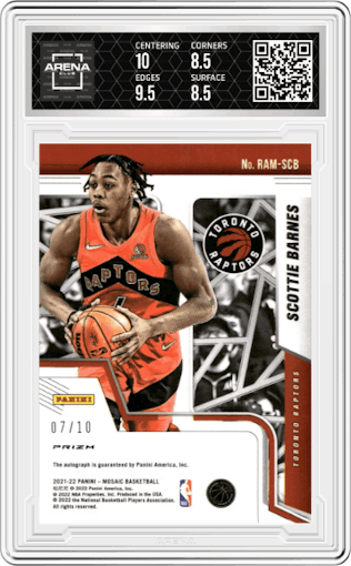 Scottie Barnes from the 2021-22 Panini Mosaic  set featuring a Gold Mosaic parallel graded by Arena Club and given an overall grade of 9.