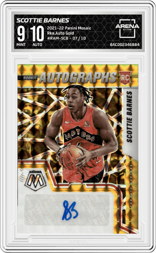 Scottie Barnes from the 2021-22 Panini Mosaic  set featuring a Gold Mosaic parallel graded by Arena Club and given an overall grade of 9.