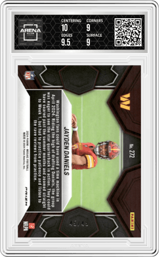 Jayden Daniels from the 2024 Panini Mosaic set featuring a Purple Mosaic parallel graded by Arena Club and given an overall grade of 9.5.