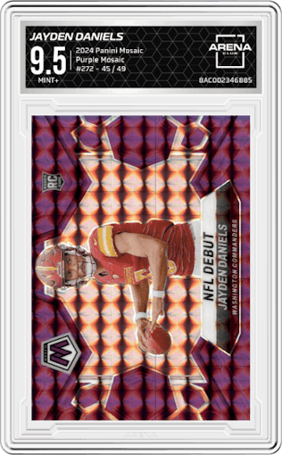 Jayden Daniels from the 2024 Panini Mosaic set featuring a Purple Mosaic parallel graded by Arena Club and given an overall grade of 9.5.